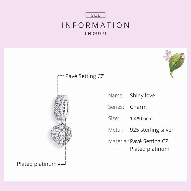 WOSTU Brilliant Heart Dangle Charms 925 Sterling Silver Dazzling Zircon Bead Pendant Fit Original Bracelet Luxury Jewelry CTC211