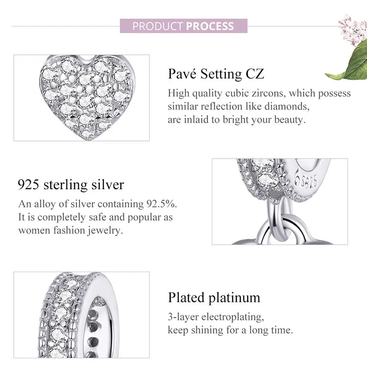WOSTU Brilliant Heart Dangle Charms 925 Sterling Silver Dazzling Zircon Bead Pendant Fit Original Bracelet Luxury Jewelry CTC211