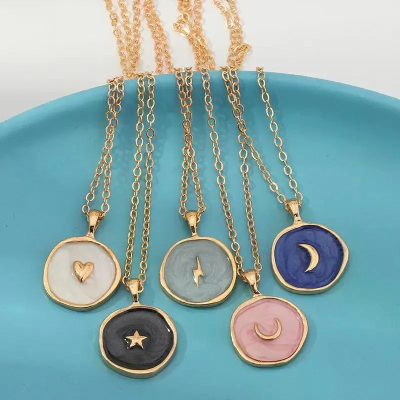 Moon Star Enamel Pendant Necklaces