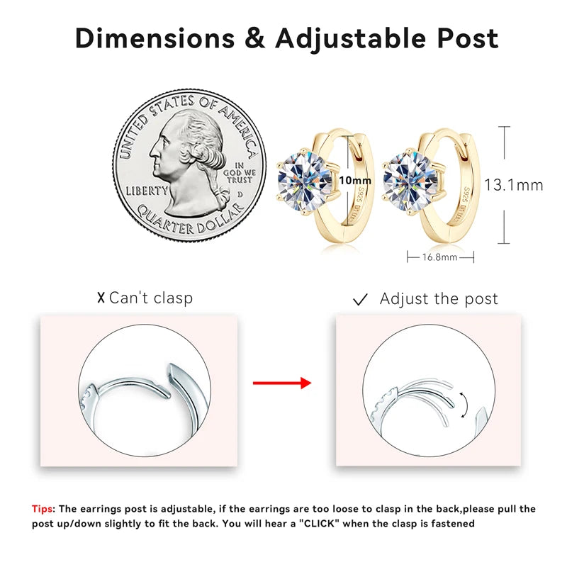 Anziw D1.0ct Moissanite Earrings Solitaire Hoops for Women 925 Silver Gold Huggie Earring Wedding Engagement Jewelry Girl Gift