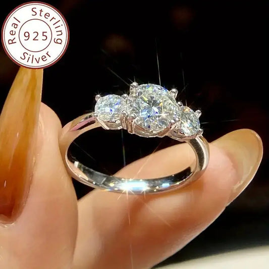 RAPRGOLD 925 Silver Ladies Fashion Engagement Rings Round Cut 6.5mm/8mm Moissanite Three Stone Ring for Women Wedding Jewelry