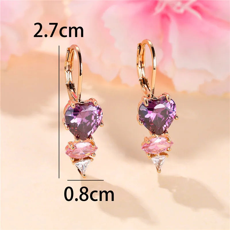 Female Crystal Purple Zircon Stone Heart Dangle Earring Cute Tassel Long Wedding Jewelry For Women