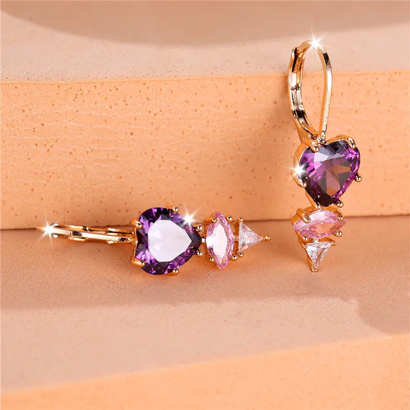 Female Crystal Purple Zircon Stone Heart Dangle Earring Cute Tassel Long Wedding Jewelry For Women
