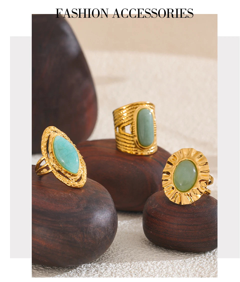 Yhpup Green Natural Stone Fashion Open Ring Adjustable Stainless Steel Golden Geometric Daily Statement Jewelry Accessories Gift