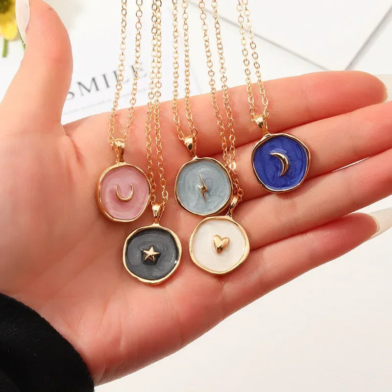 Moon Star Enamel Pendant Necklaces