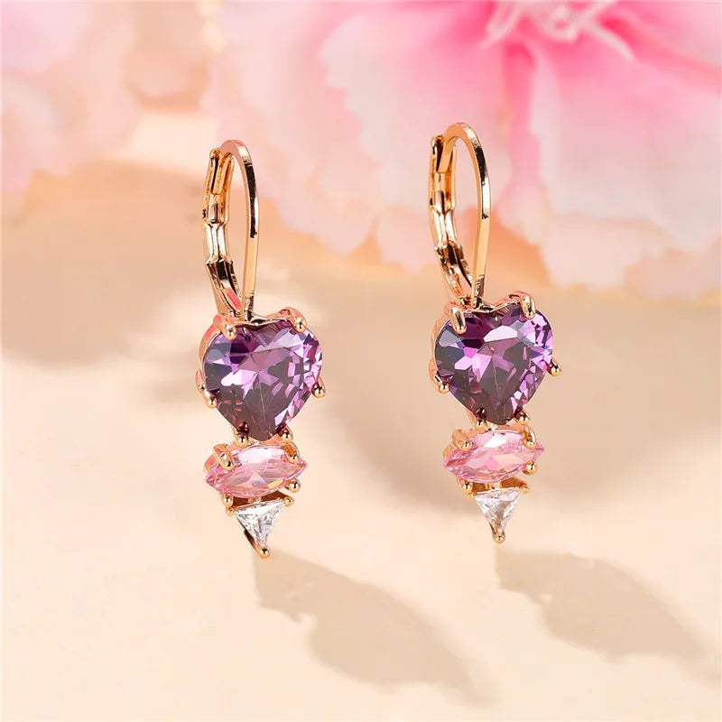 Female Crystal Purple Zircon Stone Heart Dangle Earring Cute Tassel Long Wedding Jewelry For Women