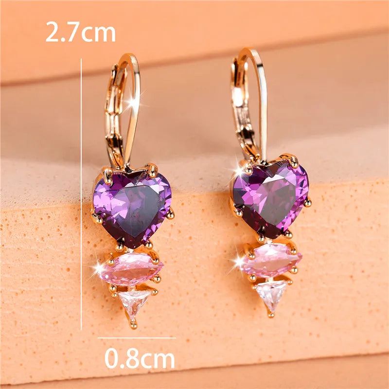 Female Crystal Purple Zircon Stone Heart Dangle Earring Cute Tassel Long Wedding Jewelry For Women