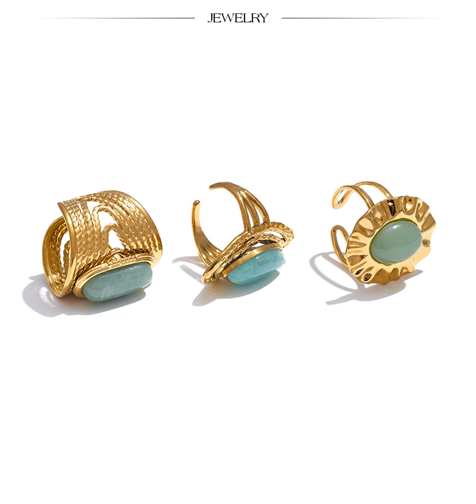 Yhpup Green Natural Stone Fashion Open Ring Adjustable Stainless Steel Golden Geometric Daily Statement Jewelry Accessories Gift