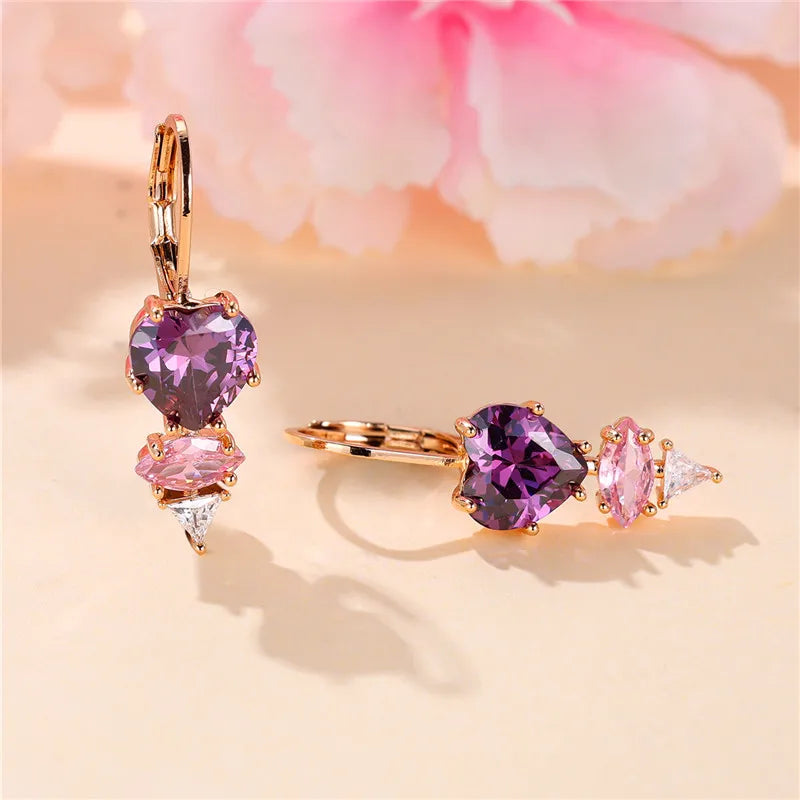 Female Crystal Purple Zircon Stone Heart Dangle Earring Cute Tassel Long Wedding Jewelry For Women