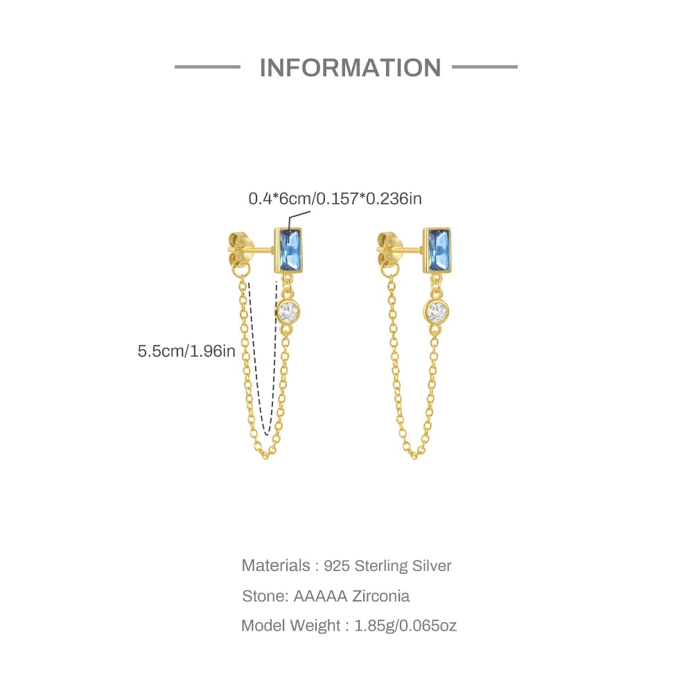 Square Sapphire Double Chain Tassel Stud Earrings