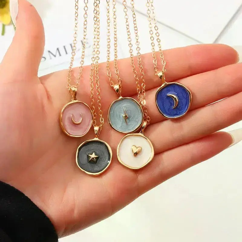 Moon Star Enamel Pendant Necklaces