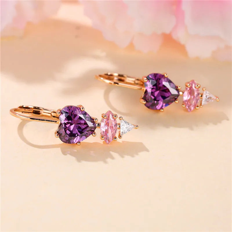 Female Crystal Purple Zircon Stone Heart Dangle Earring Cute Tassel Long Wedding Jewelry For Women