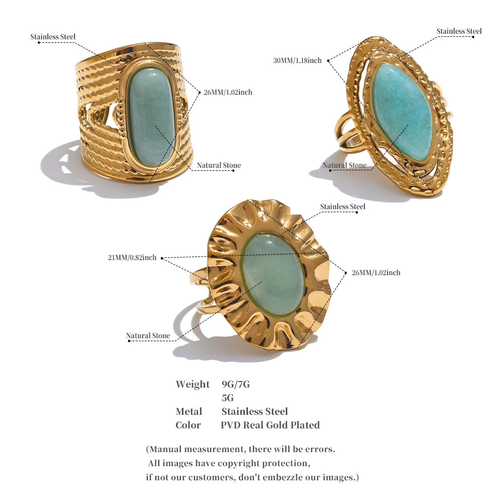 Yhpup Green Natural Stone Fashion Open Ring Adjustable Stainless Steel Golden Geometric Daily Statement Jewelry Accessories Gift