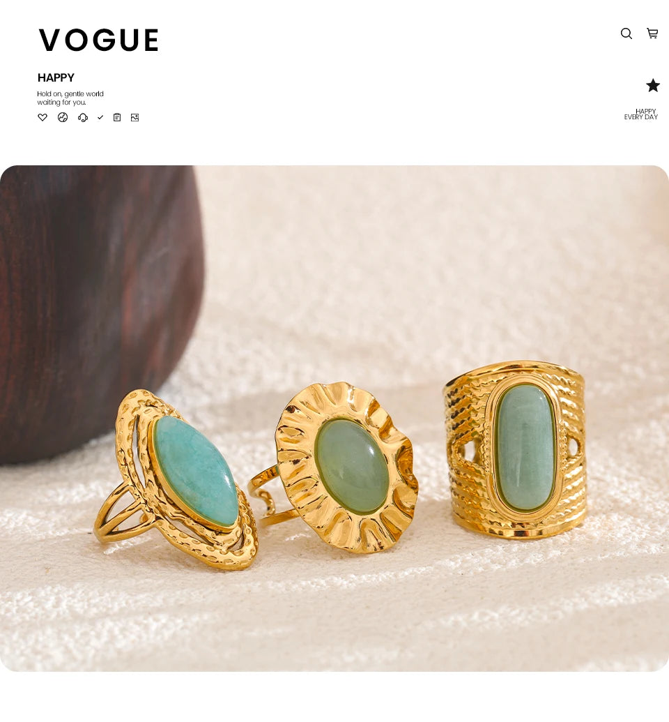 Yhpup Green Natural Stone Fashion Open Ring Adjustable Stainless Steel Golden Geometric Daily Statement Jewelry Accessories Gift