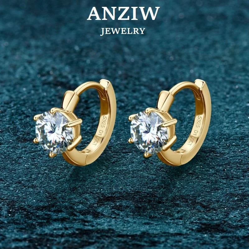 Anziw D1.0ct Moissanite Earrings Solitaire Hoops for Women 925 Silver Gold Huggie Earring Wedding Engagement Jewelry Girl Gift