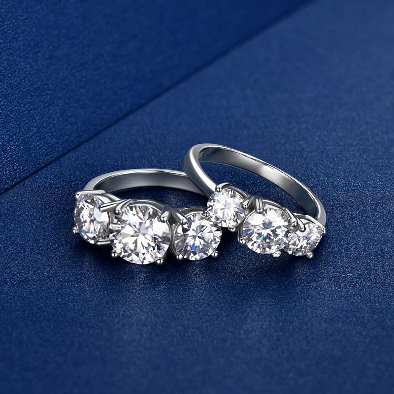 RAPRGOLD 925 Silver Ladies Fashion Engagement Rings Round Cut 6.5mm/8mm Moissanite Three Stone Ring for Women Wedding Jewelry