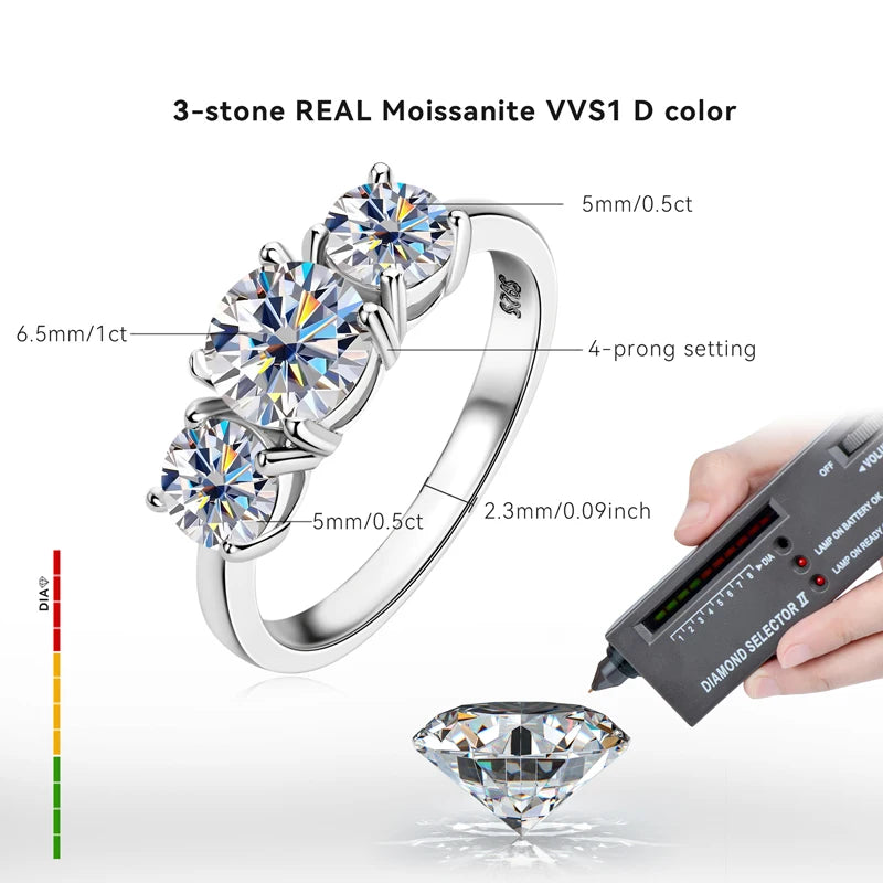 RAPRGOLD 925 Silver Ladies Fashion Engagement Rings Round Cut 6.5mm/8mm Moissanite Three Stone Ring for Women Wedding Jewelry