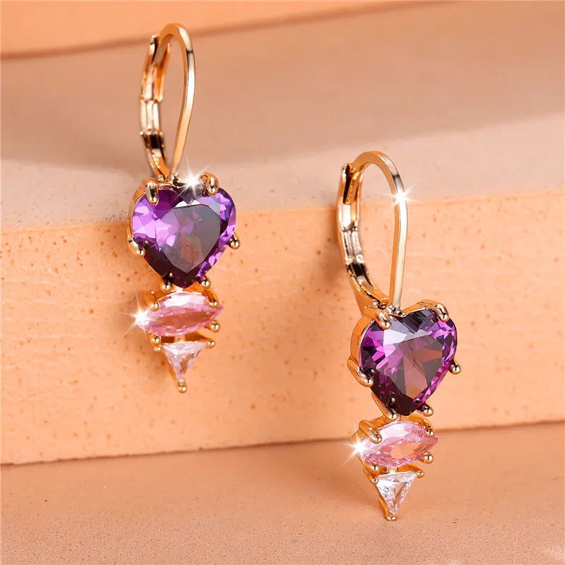 Female Crystal Purple Zircon Stone Heart Dangle Earring Cute Tassel Long Wedding Jewelry For Women