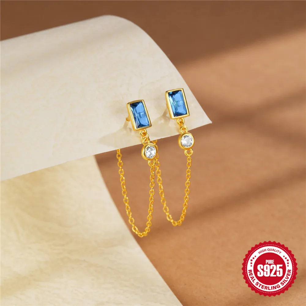 Square Sapphire Double Chain Tassel Stud Earrings