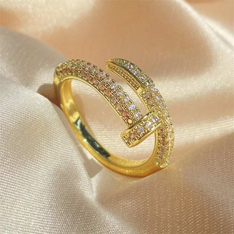 Gold Color AAA Zircon Simple Geometric Ring Elegant Women Daily Work Opening Adjustable Ring