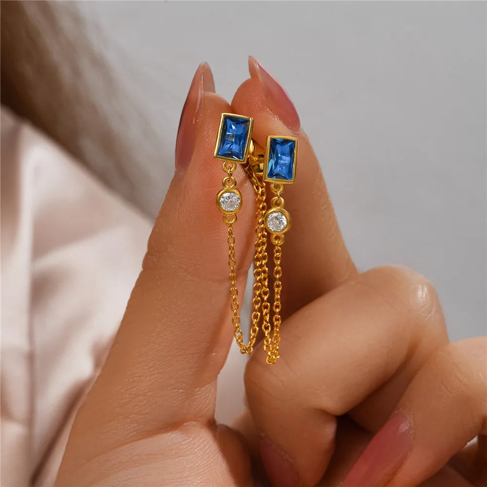 Square Sapphire Double Chain Tassel Stud Earrings