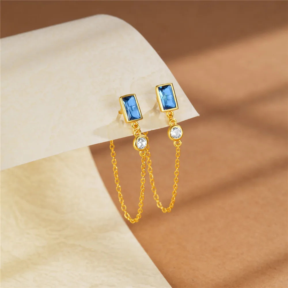 Square Sapphire Double Chain Tassel Stud Earrings