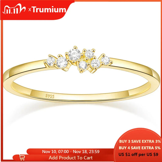 Trumium 1.5mm 925 Sterling Silver 14K Gold Plated CZ Wedding Band Dainty Stackable Cubic Zirconia Engagement Rings for for Women