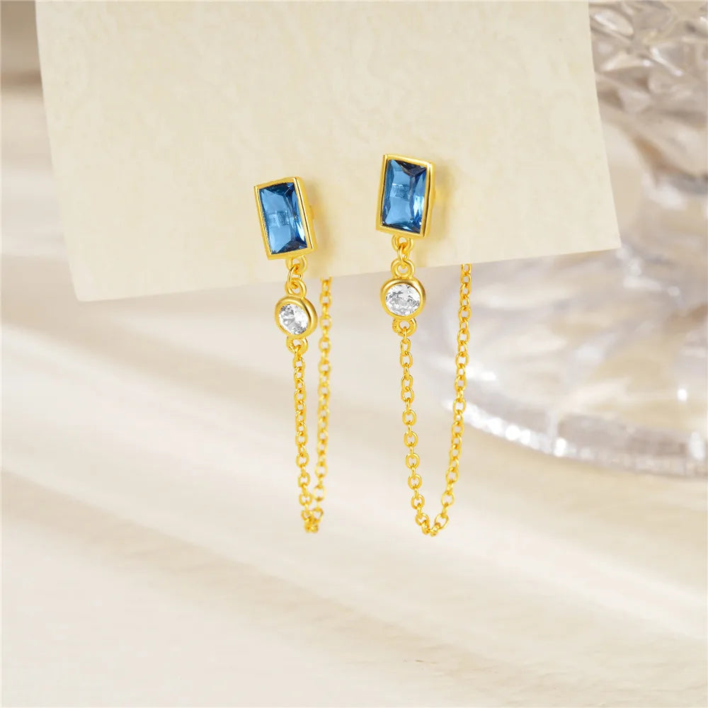 Square Sapphire Double Chain Tassel Stud Earrings