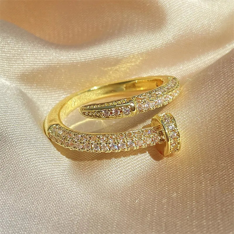 Gold Color AAA Zircon Simple Geometric Ring Elegant Women Daily Work Opening Adjustable Ring