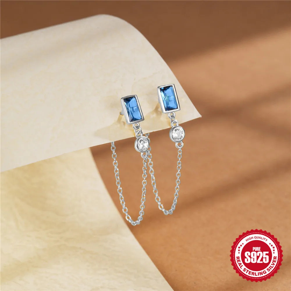 Square Sapphire Double Chain Tassel Stud Earrings