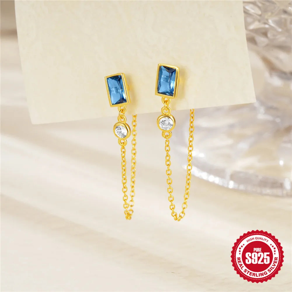 Square Sapphire Double Chain Tassel Stud Earrings