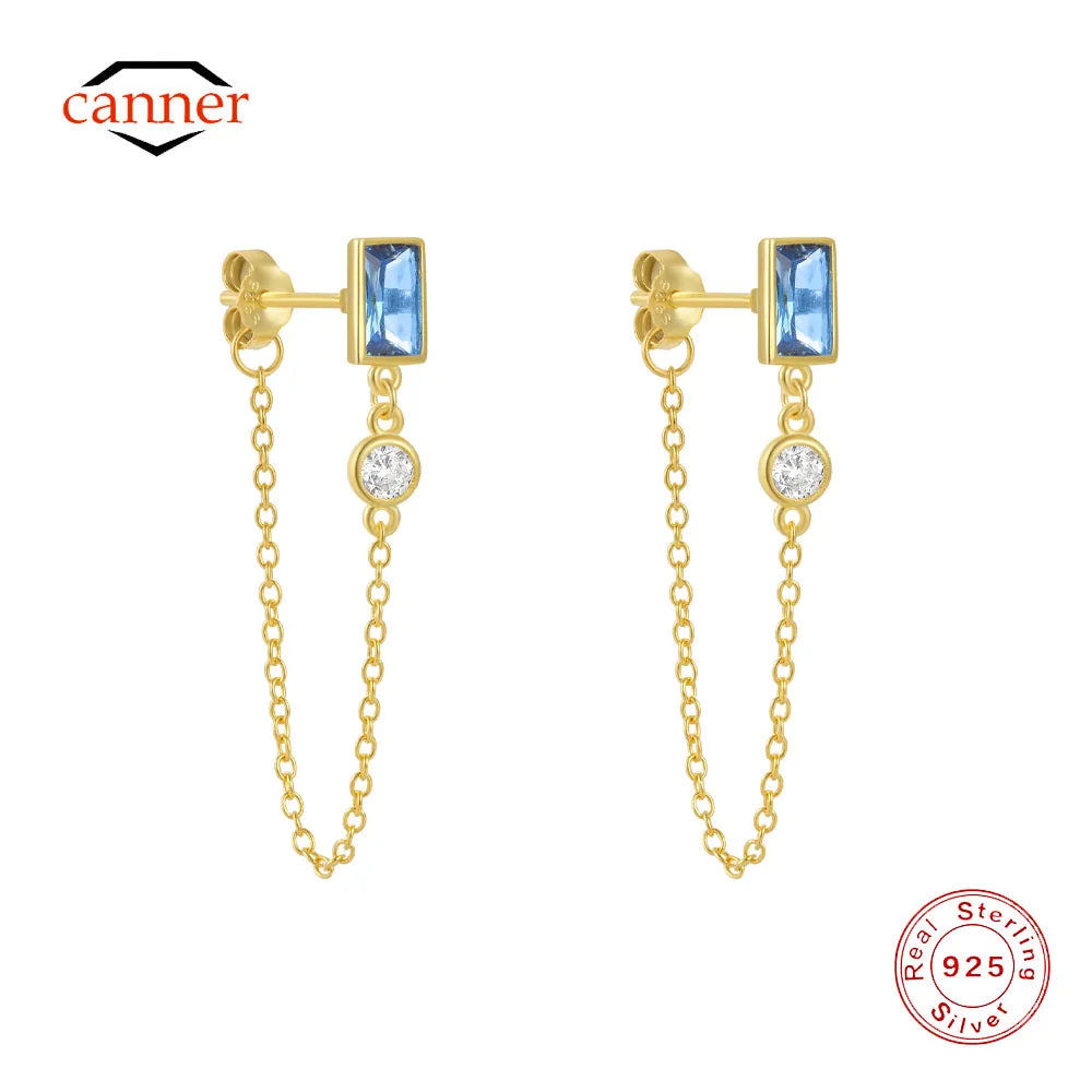 Square Sapphire Double Chain Tassel Stud Earrings