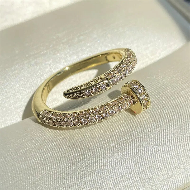 Gold Color AAA Zircon Simple Geometric Ring Elegant Women Daily Work Opening Adjustable Ring