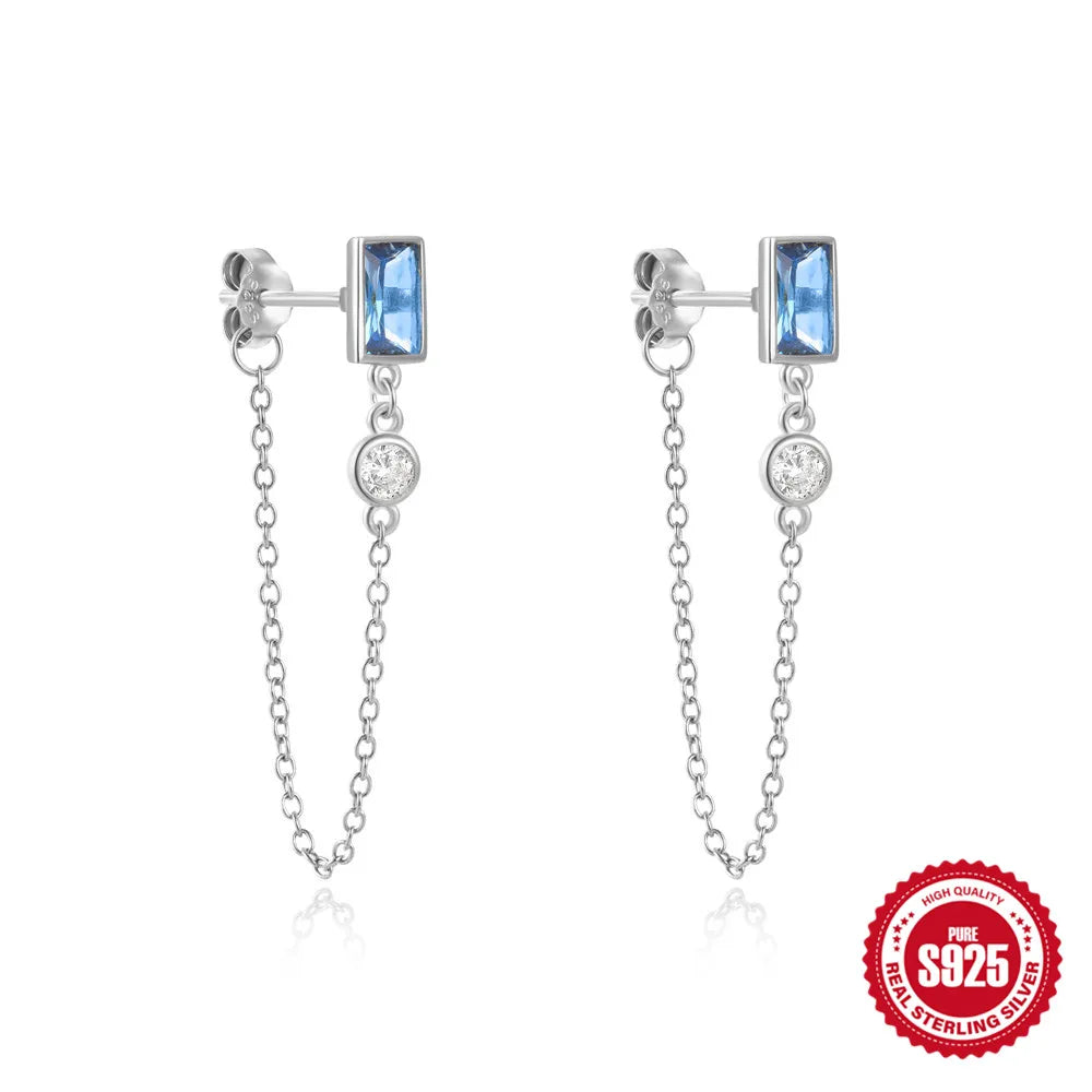 Square Sapphire Double Chain Tassel Stud Earrings