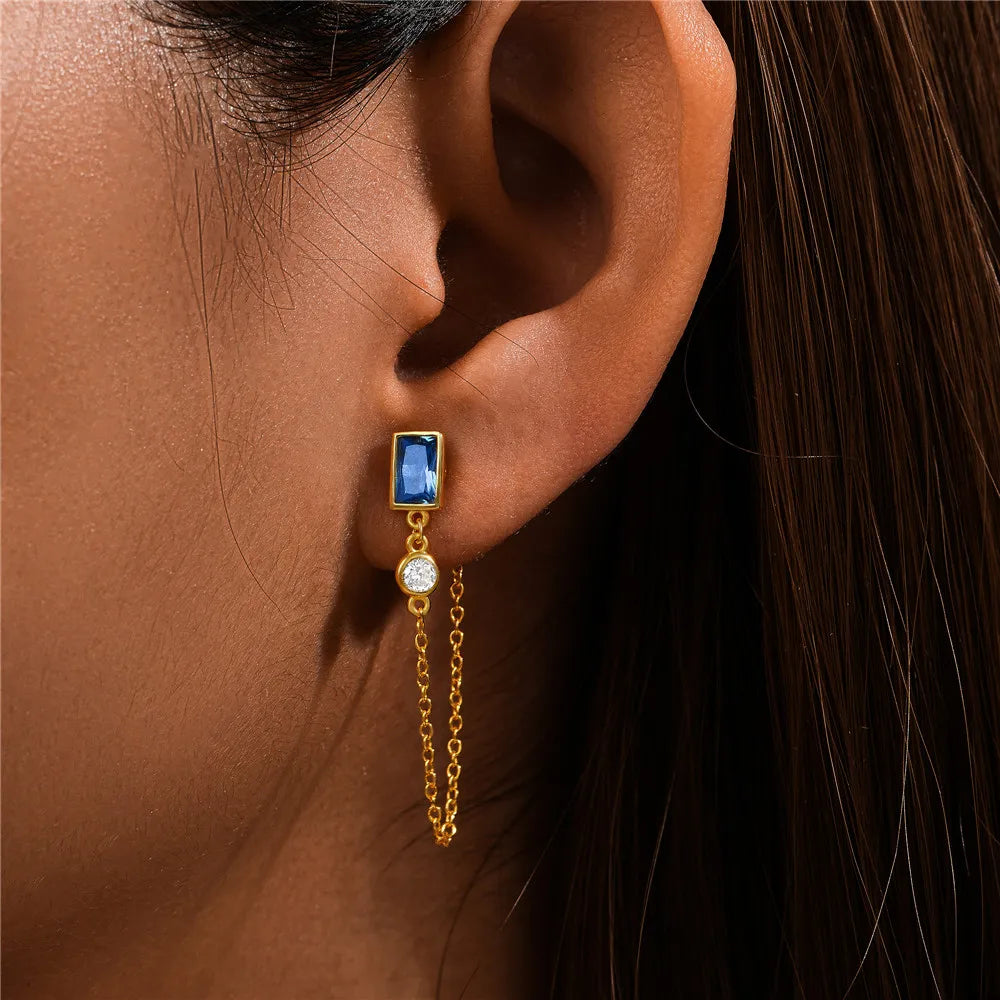 Square Sapphire Double Chain Tassel Stud Earrings