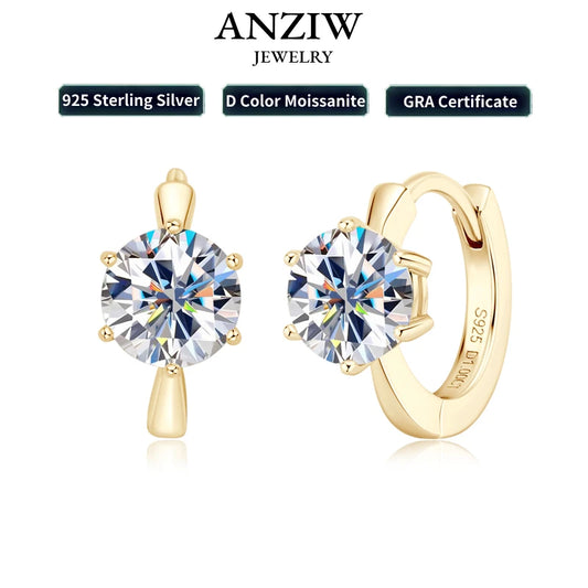 Anziw D1.0ct Moissanite Earrings Solitaire Hoops for Women 925 Silver Gold Huggie Earring Wedding Engagement Jewelry Girl Gift