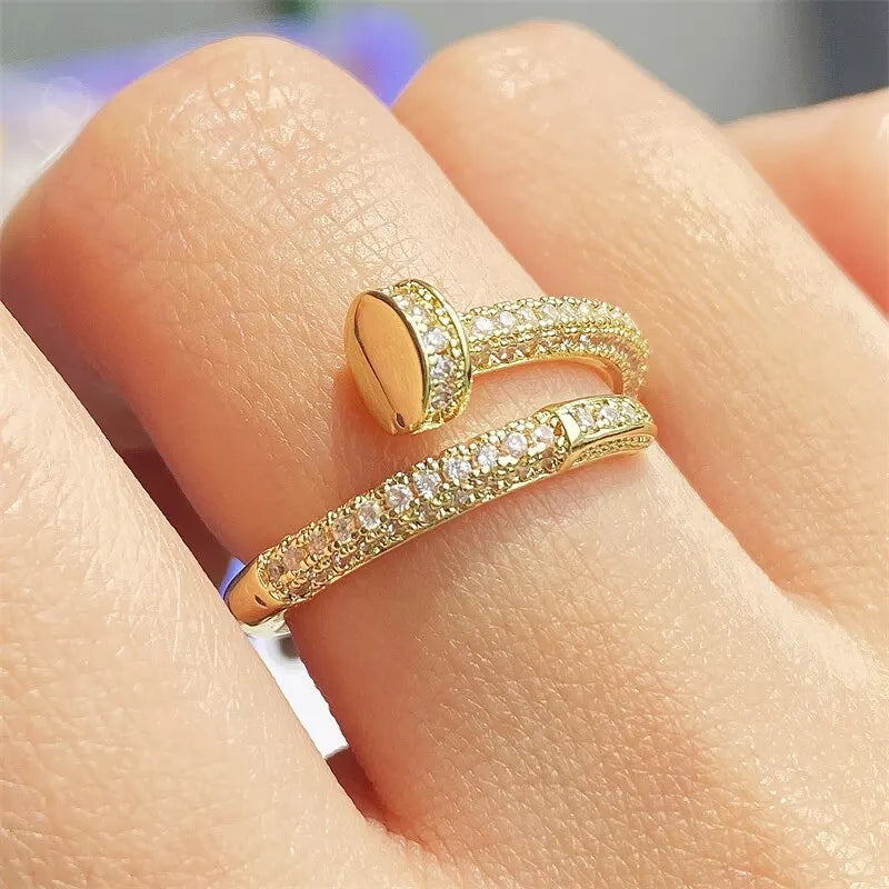 Gold Color AAA Zircon Simple Geometric Ring Elegant Women Daily Work Opening Adjustable Ring